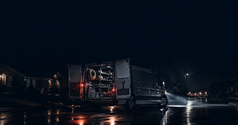 Plumbing service van with open rear doors on a wet residential street at night