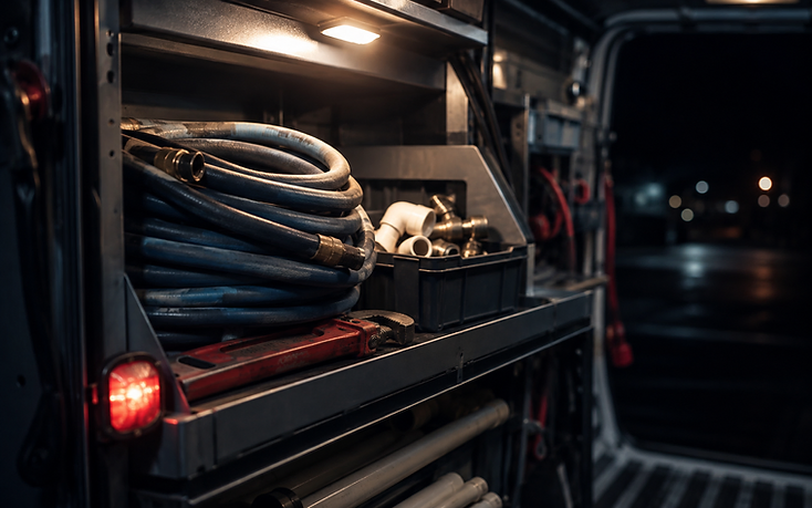 Organized plumbing van shelving with coiled hoses and tools at night