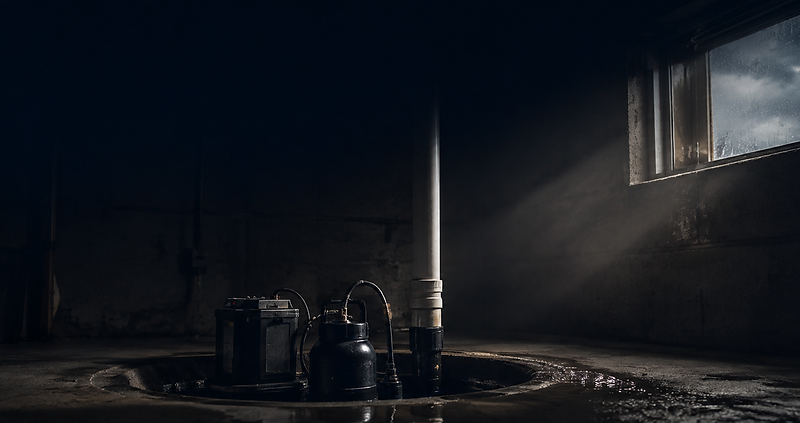 Sump pump in a basement pit lit by a storm-lit window
