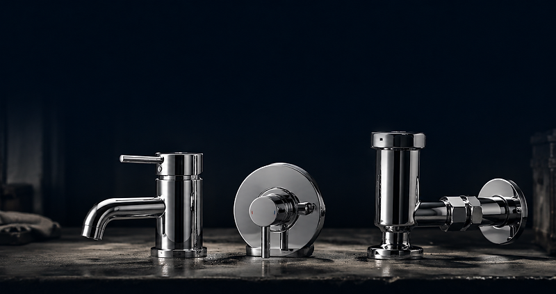 Chrome faucet, shower valve and flush valve lined up on a dark bench