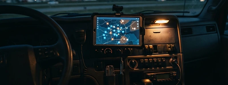 Dashboard of service truck with tablet displaying dispatch map