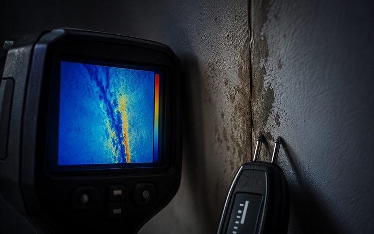Thermal imaging camera and moisture meter reading a damp wall seam