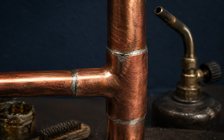 Freshly soldered copper pipe joints beside a torch and wire brush