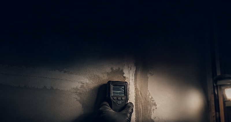 Moisture meter held against a damp basement wall in low light