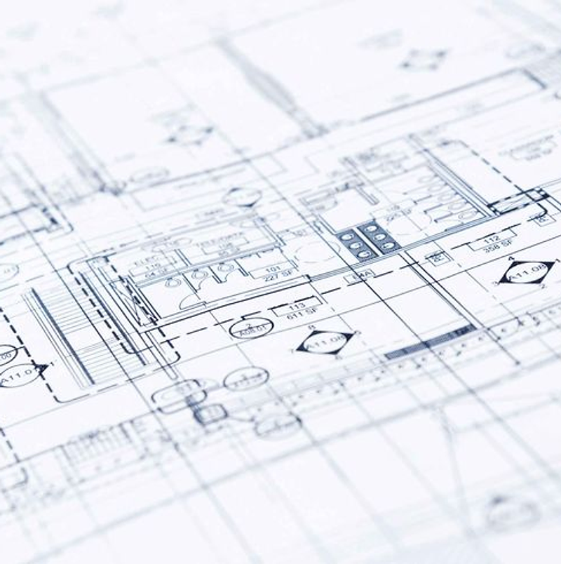 Architectural floor plan blueprint with labeled rooms and callout tags
