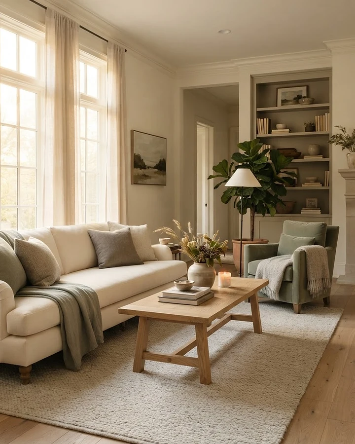 A peaceful, light-filled living room in warm cream and sage tones