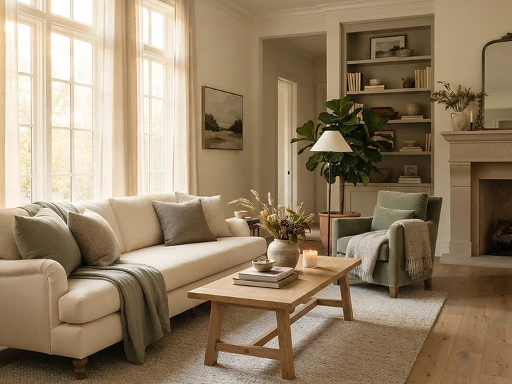 A peaceful, beautifully maintained living room in warm cream and sage tones