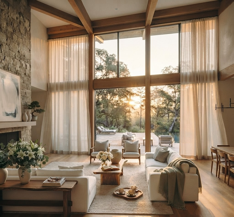 A warm, lived-in living room in golden light — the feeling of arriving home to a space already cared for