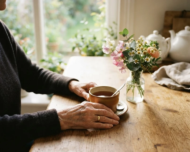 A warm, sunlit home — hands beside a cup of tea, fresh flowers, quiet dignity
