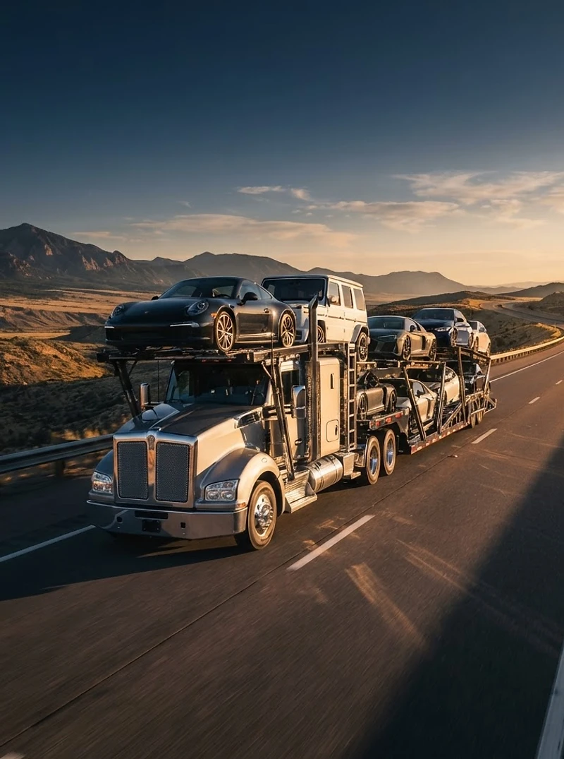 Car carrier truck on an American highway at dawn