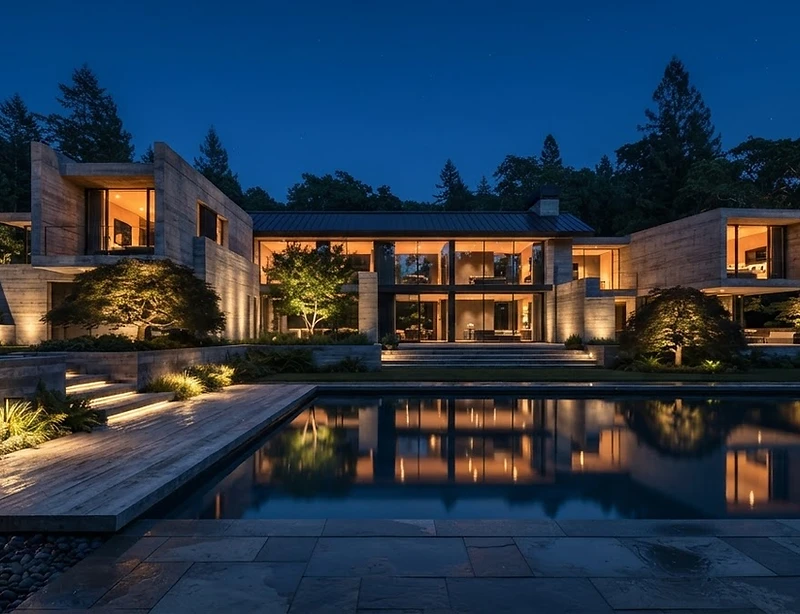 Modern residence illuminated at blue hour