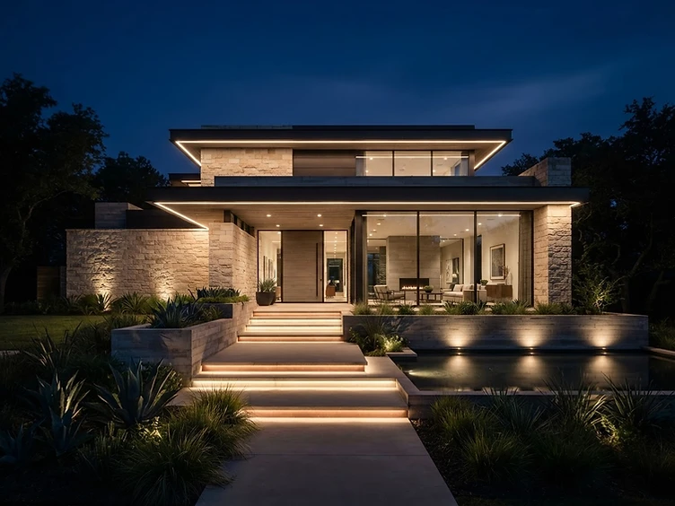 Contemporary residence illuminated at blue hour