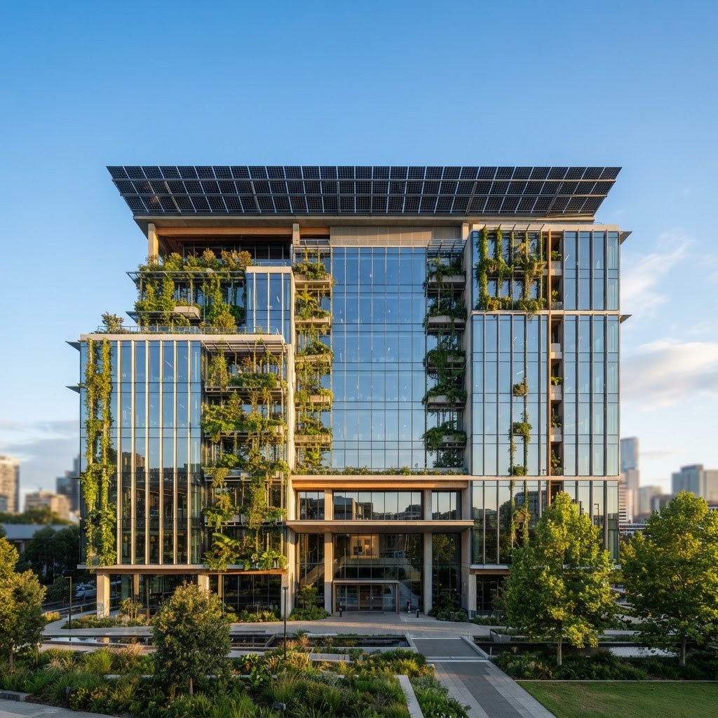Sustainable low-carbon commercial building with integrated greenery and solar panels