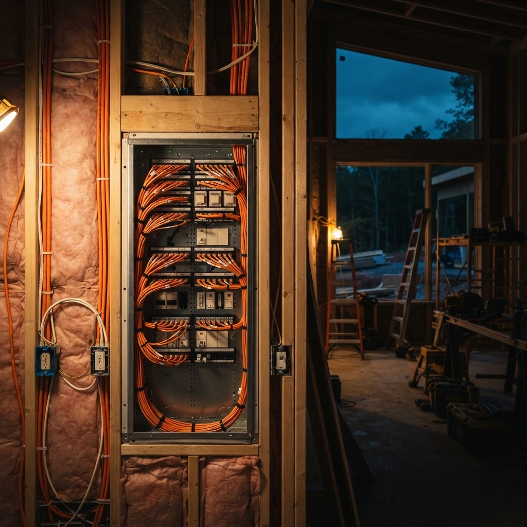 New home under construction with structured cabling rough-in by The Service Shed