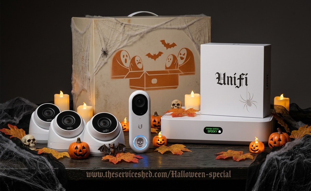 The Service Shed Halloween special: UniFi cameras, doorbell and NVR kit on a Halloween-decorated table