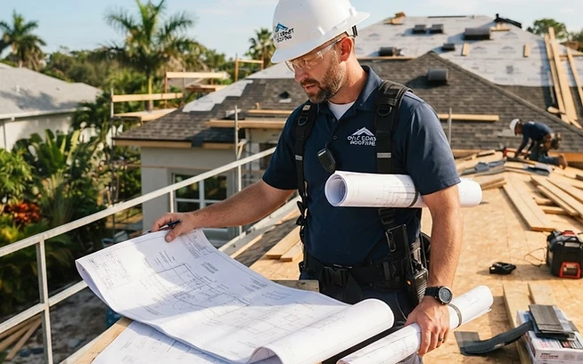 Roofer reviewing construction blueprints