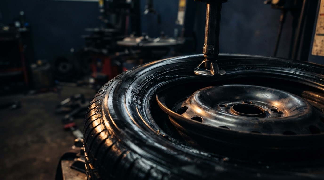 Close-up of a new tire being mounted on a wheel at a professional tire shop with dramatic focused lighting