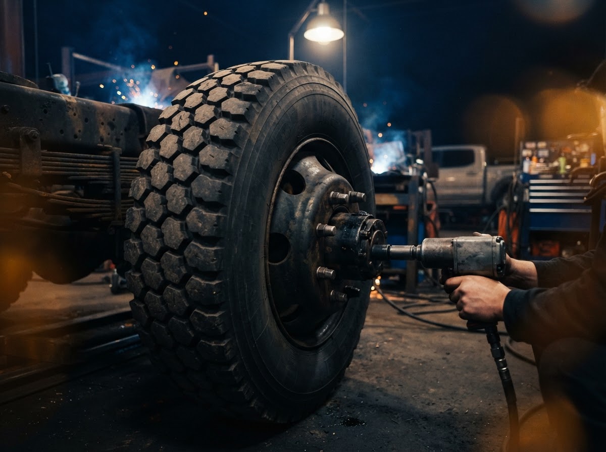 Large truck and RV tire being installed in a professional service bay