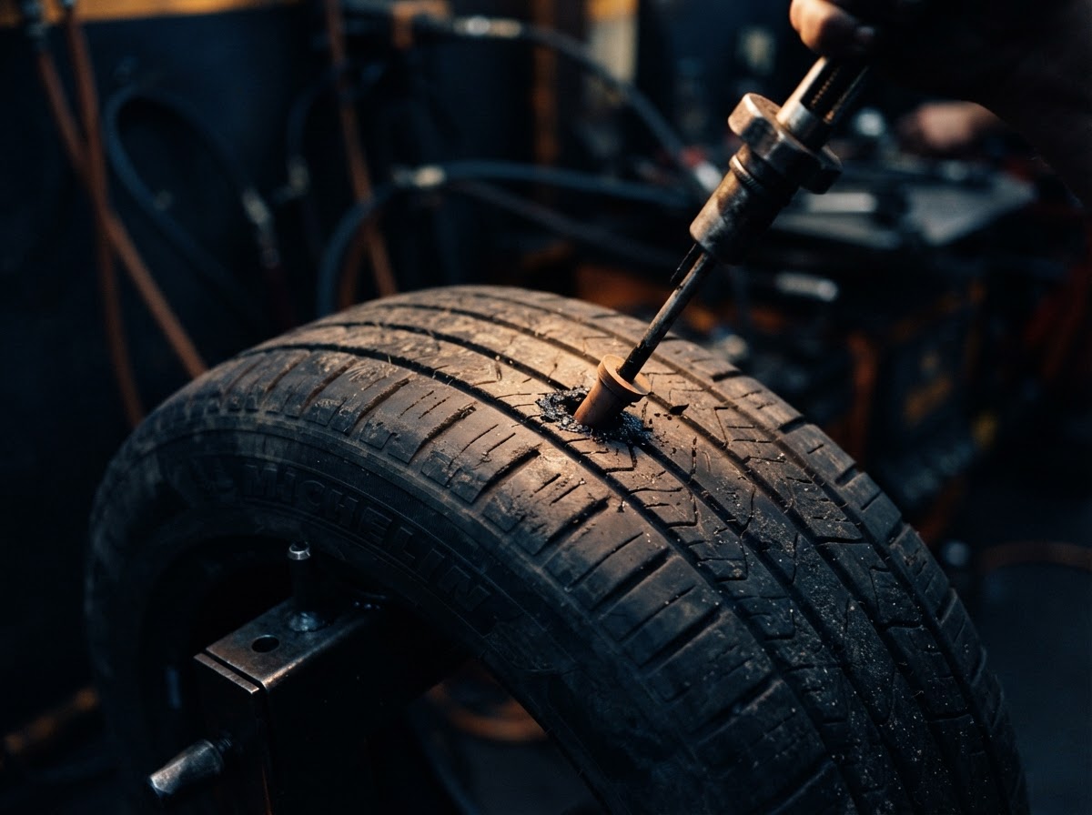 Close-up of a tire being patched at a professional tire shop