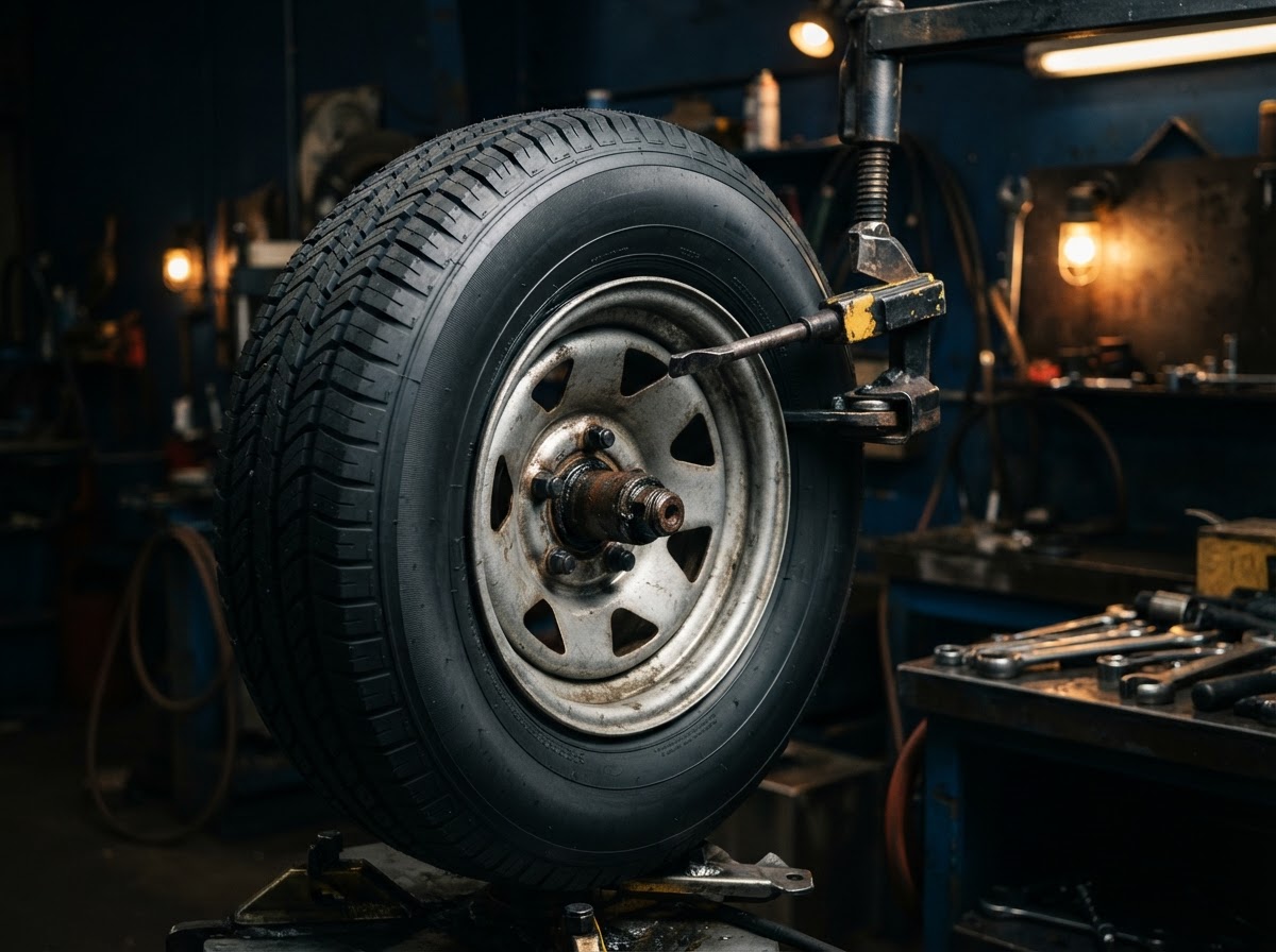 Boat trailer tire being mounted on a wheel in a professional shop