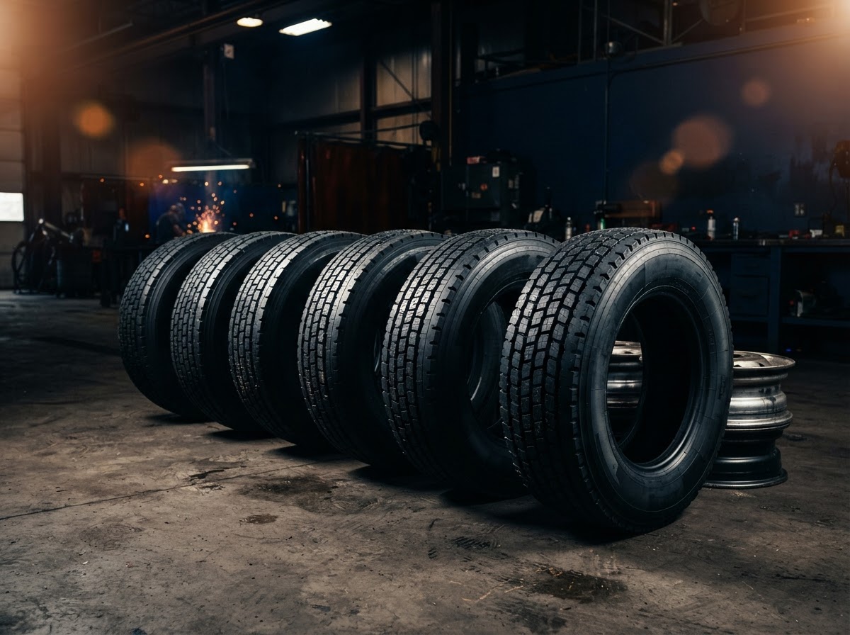 Multiple commercial fleet vehicle tires lined up in a service bay