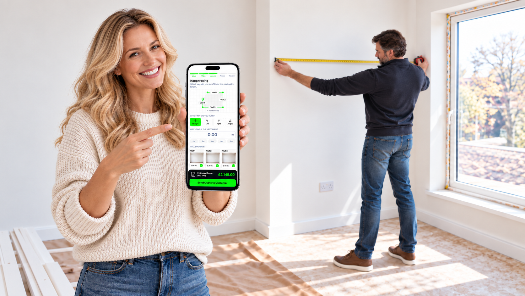 Customer using SubbyQuote on a phone while a tradesperson measures the wall