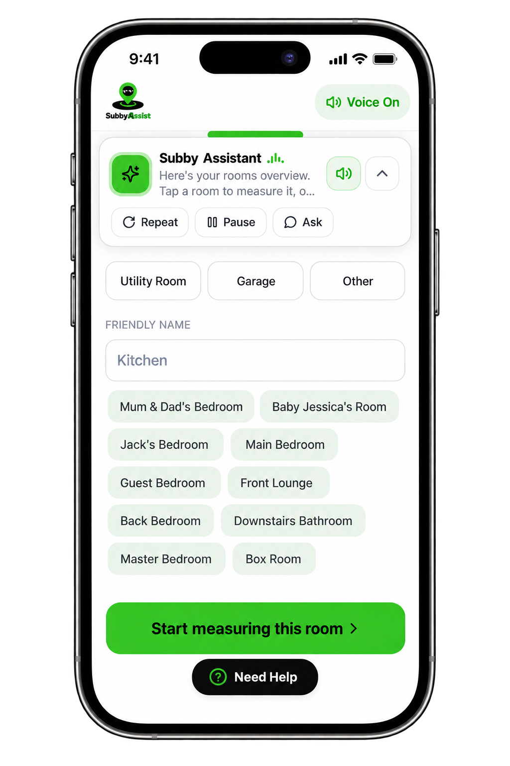 SubbyQuote Assistant guiding a customer through measuring their rooms