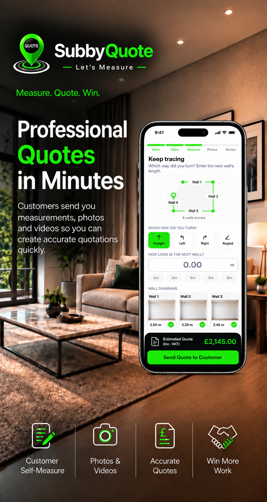 SubbyQuote — measure rooms with your phone and create professional quotes in minutes