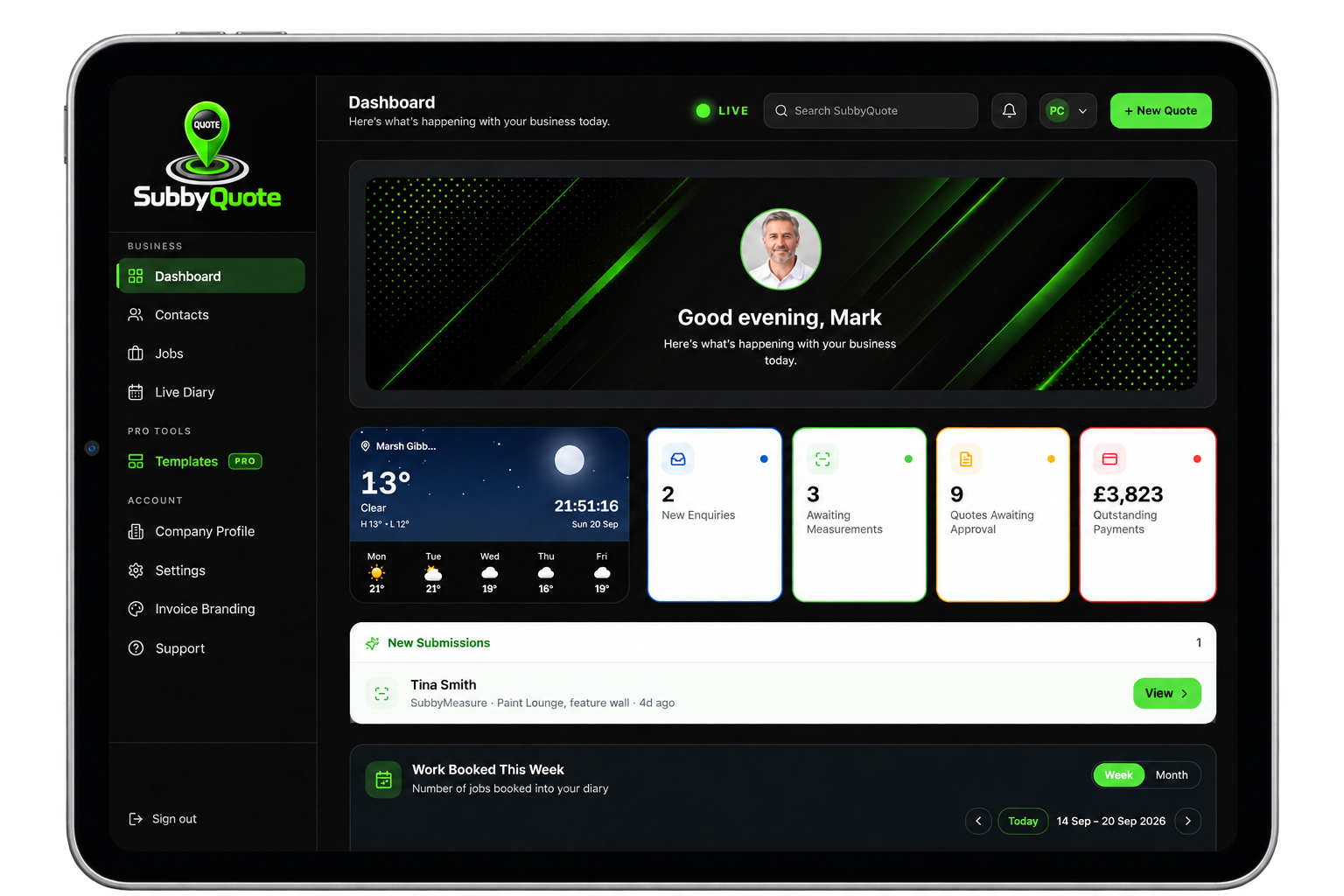 SubbyQuote dashboard showing work booked, enquiries and outstanding payments