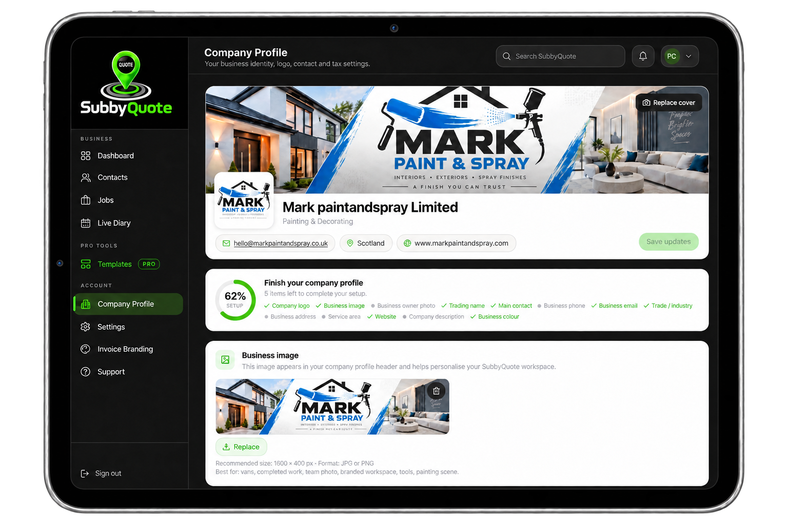 SubbyQuote company profile showing business identity, logo and setup progress