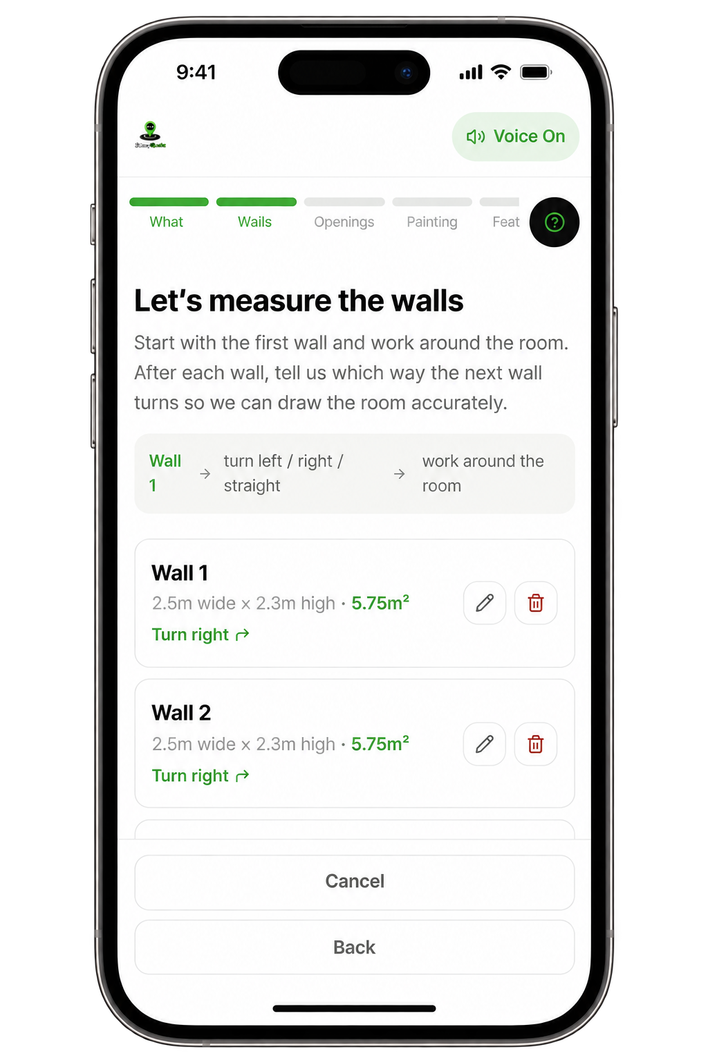 SubbyMeasure wall measurement list on mobile