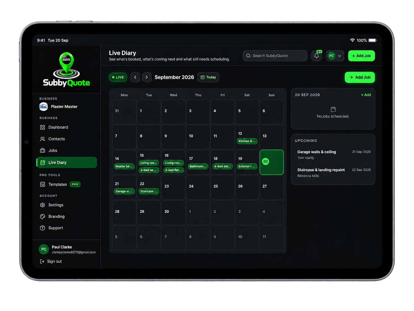 SubbyQuote Live Diary showing booked and upcoming jobs