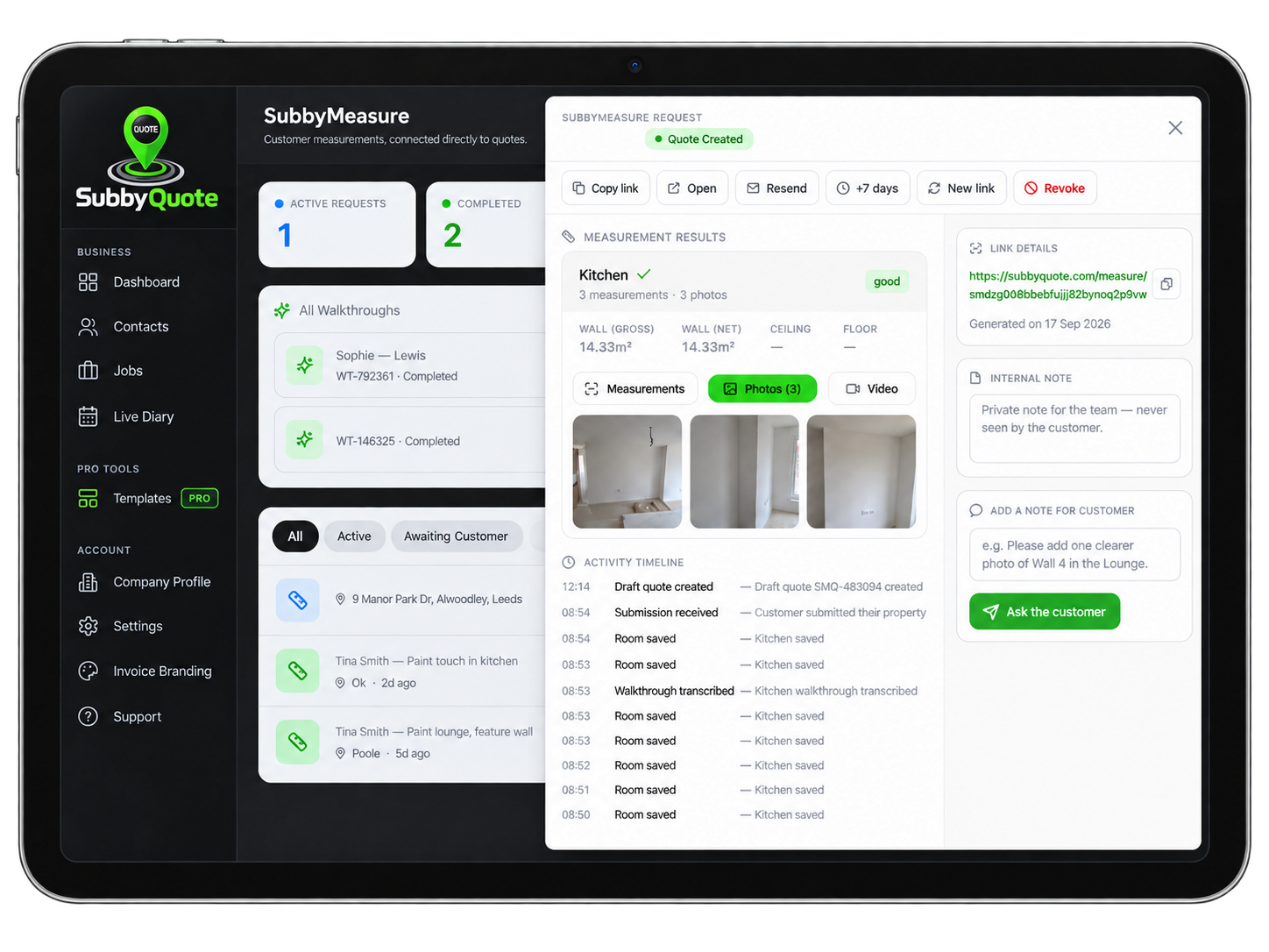 SubbyMeasure dashboard showing customer measurements connected to quotes
