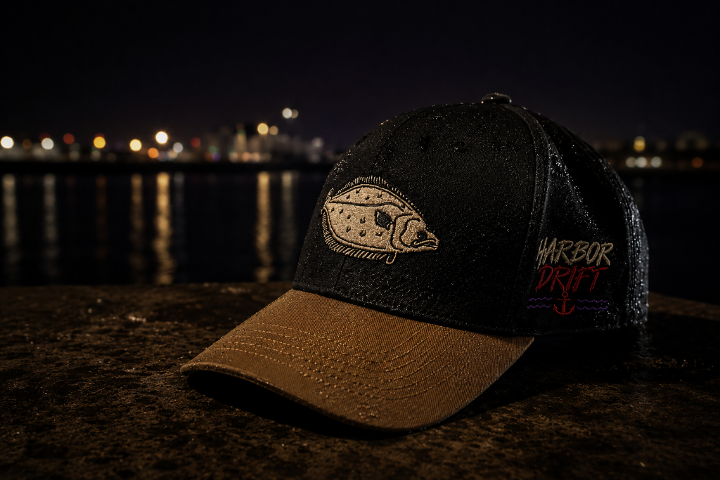 Harbor Drift California Halibut collector cap on wet pier at night