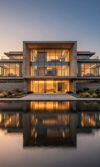 A modern concrete and glass building beside a reflective pool at sunset