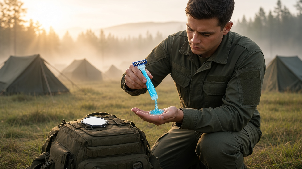Soldier kneeling in a misty field camp at sunrise, squeezing gel from a TRIP razor into his palm