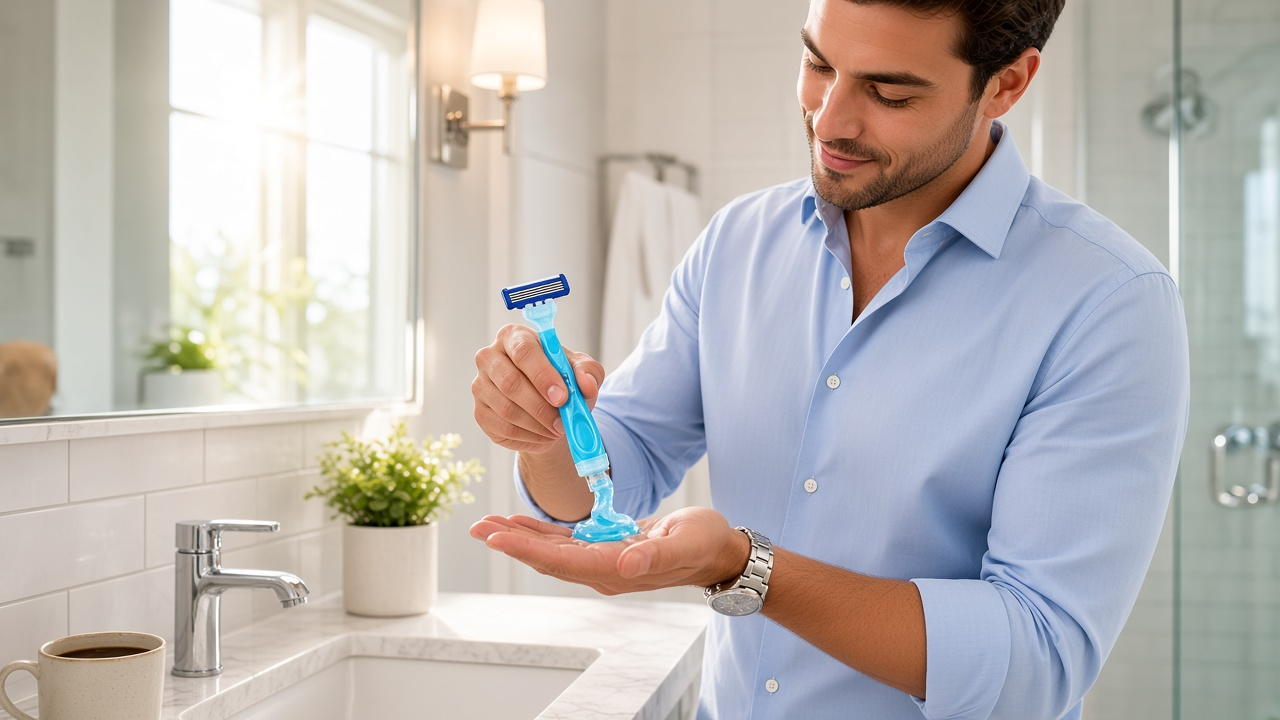 Man in a light blue shirt squeezing gel from a TRIP razor into his palm in a bright bathroom