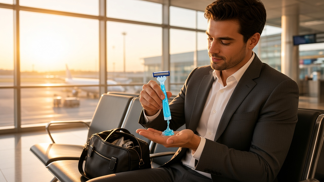 Man in a suit squeezing gel from a TRIP razor into his palm by an airport window at sunrise