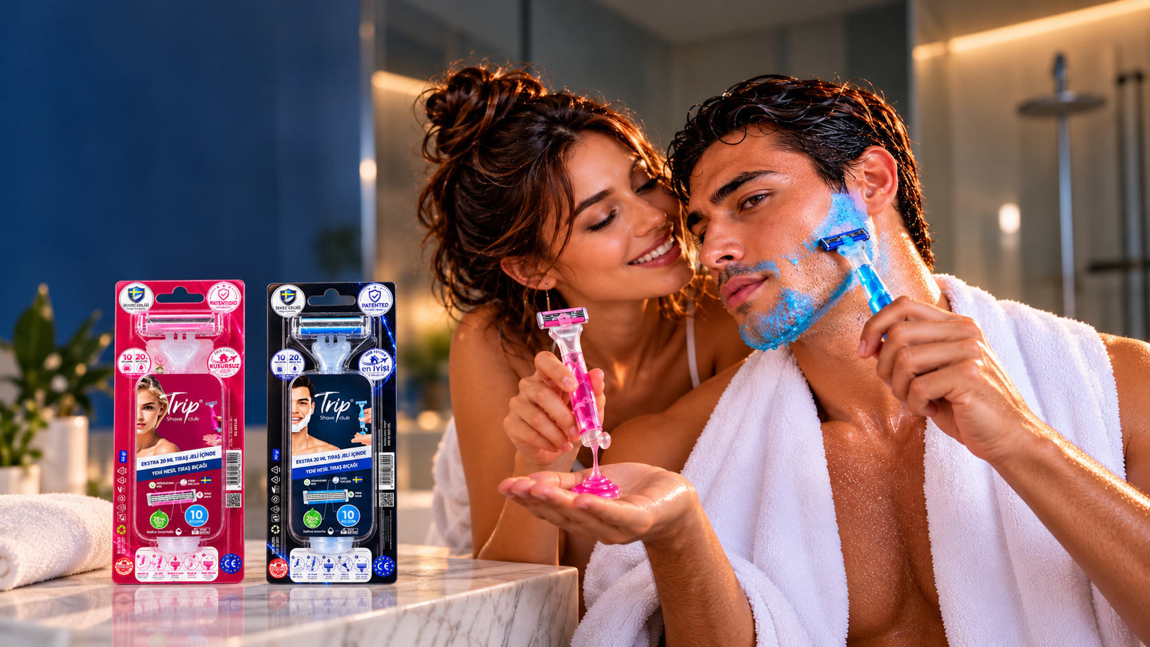 Couple shaving with TRIP built-in gel razors