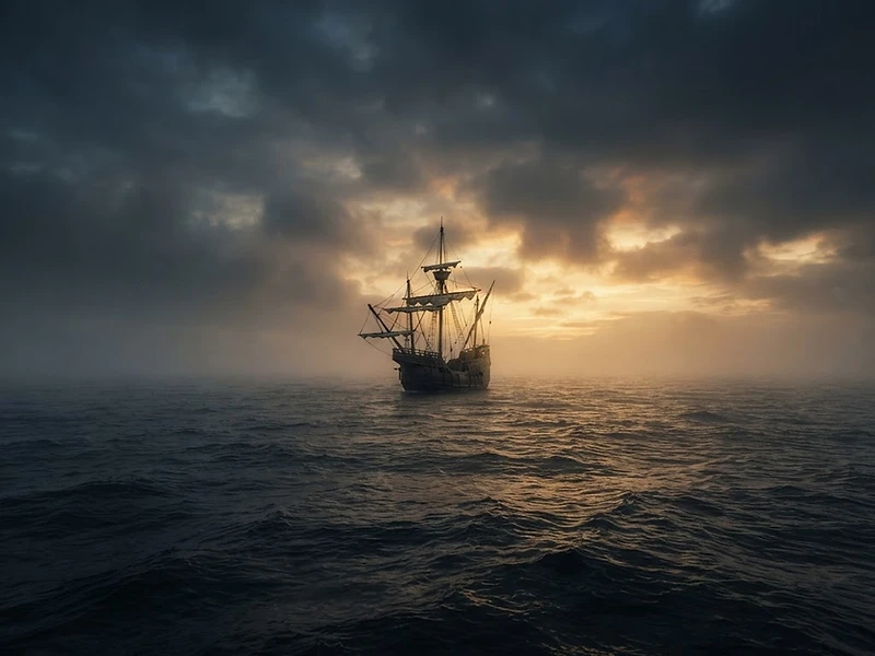 A lone 16th-century ship in a misty, vast ocean at dawn