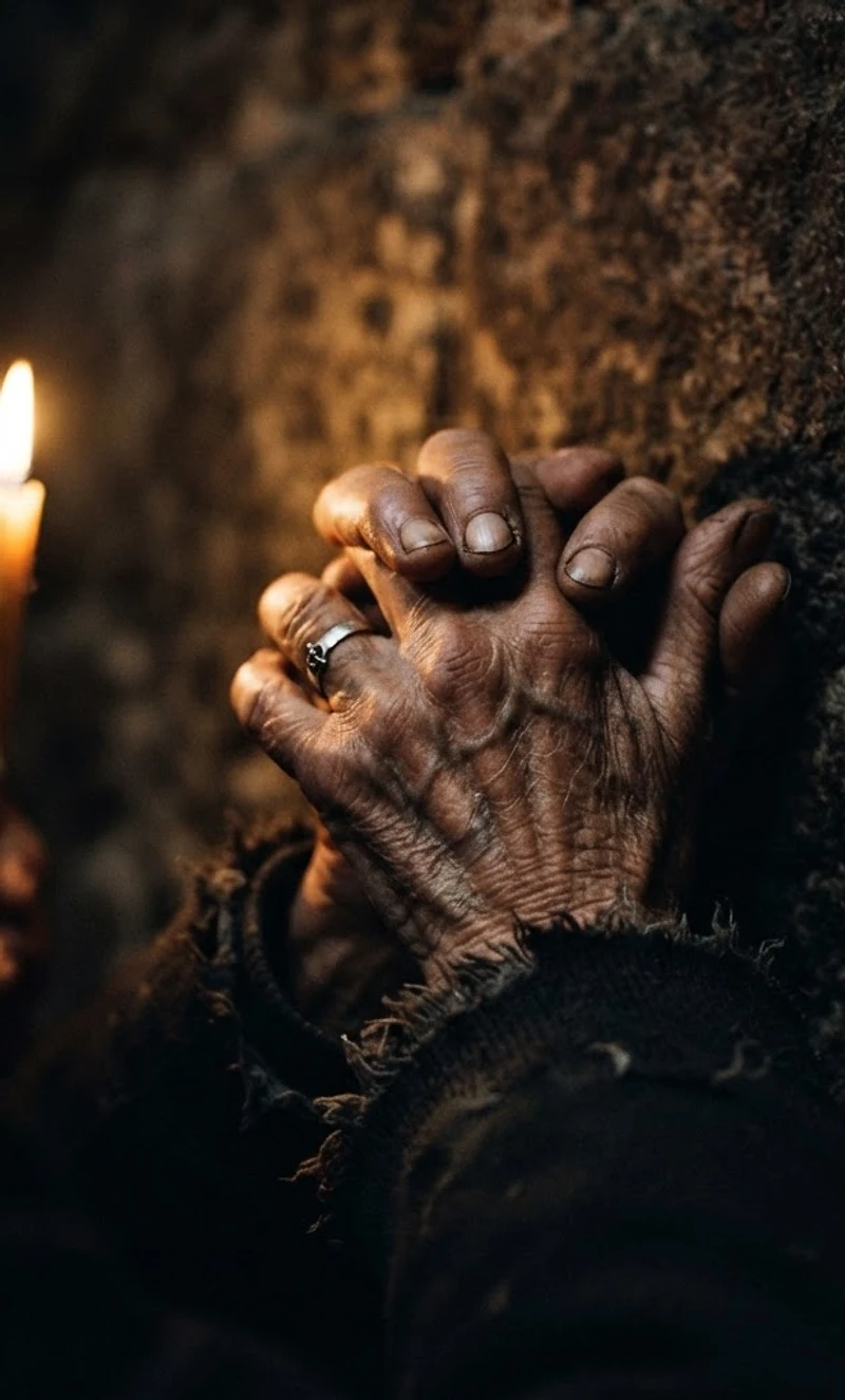 Hands clasped in prayer by candlelight
