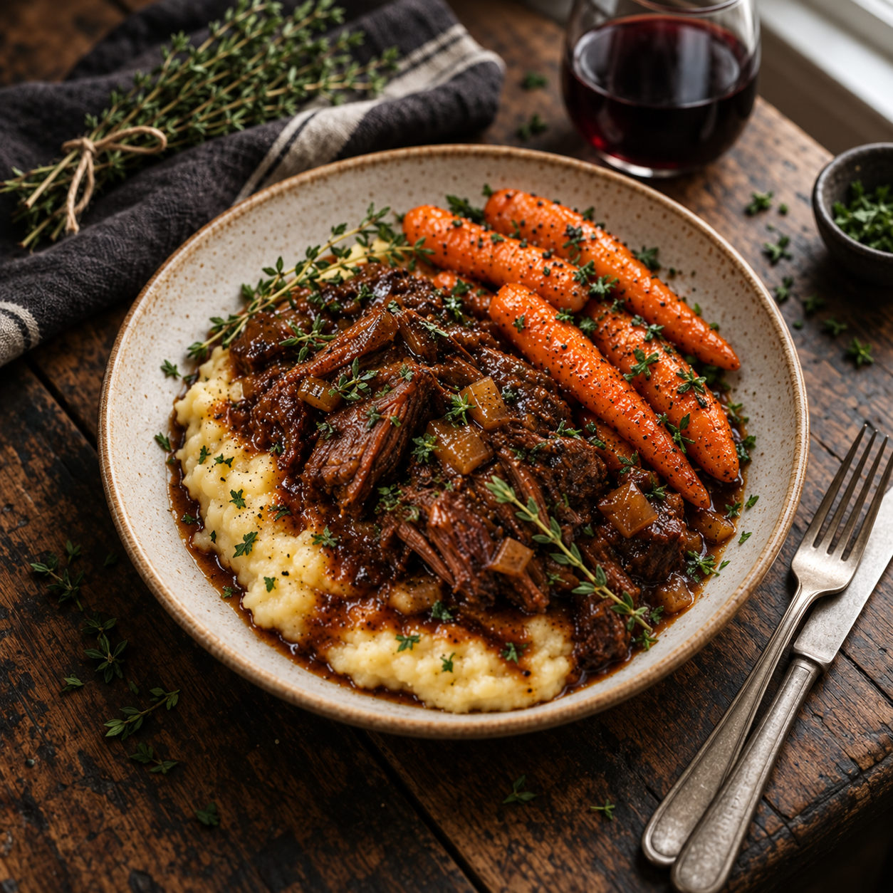 Red wine braised beef over creamy mashed potatoes with roasted baby carrots and herb gravy