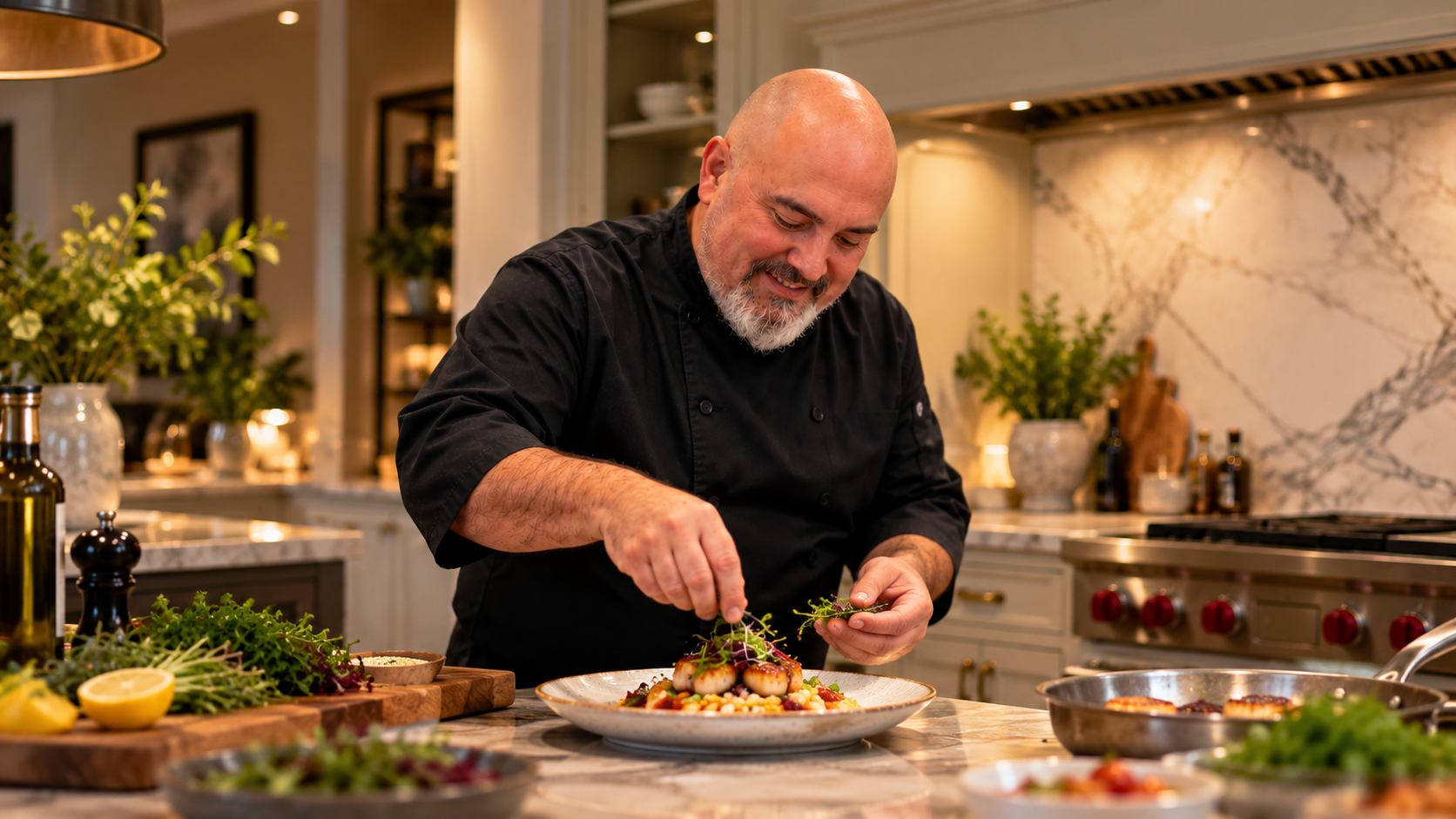 Chef Terry garnishing a plate of seared scallops in a warm, naturally lit kitchen