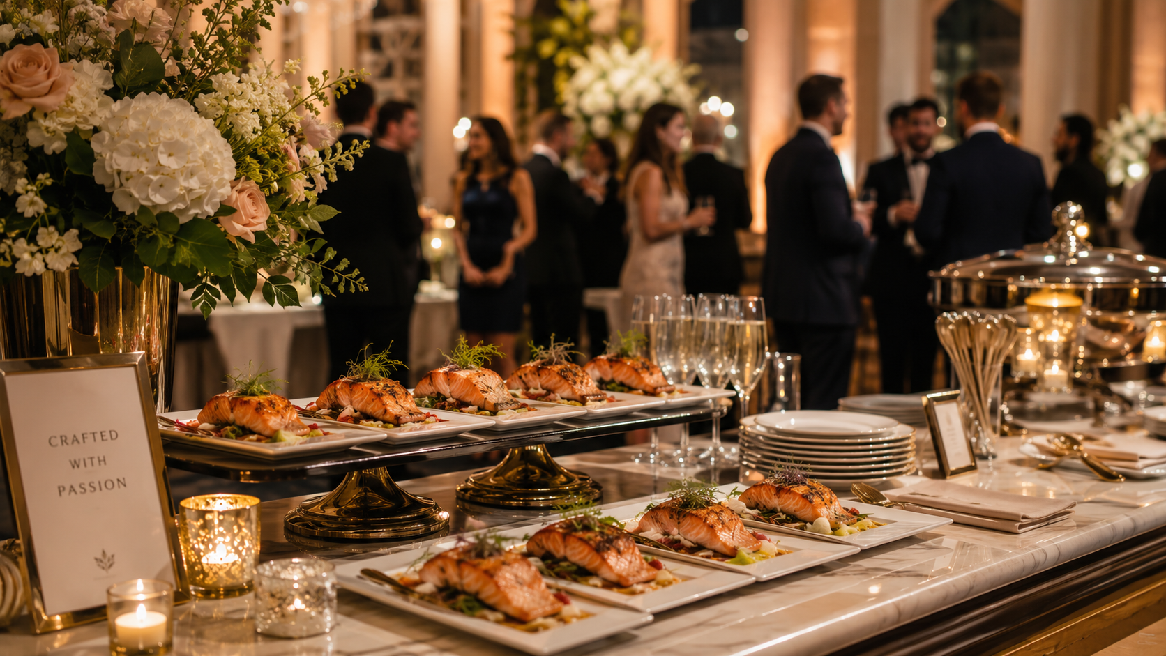 Formal catering display with plated salmon entrées on a marble buffet table