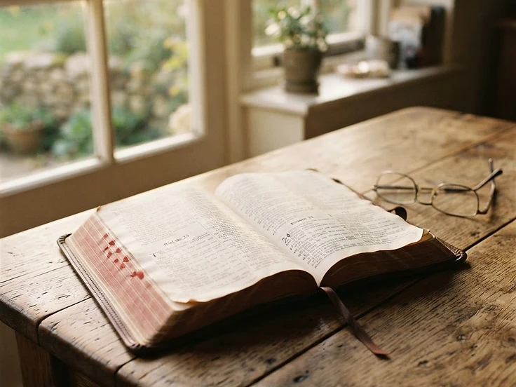 An open Bible with warm light