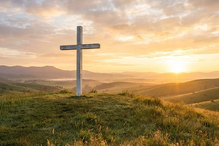 A cross silhouetted against a bright sky