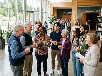 Adults fellowshiping together in a church lobby