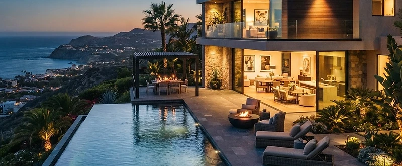 A luxury Airbnb-style modern villa with an infinity pool at twilight