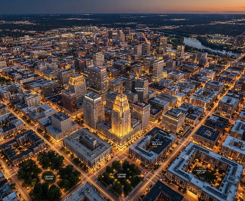 An aerial view of a modern city real estate grid at dusk