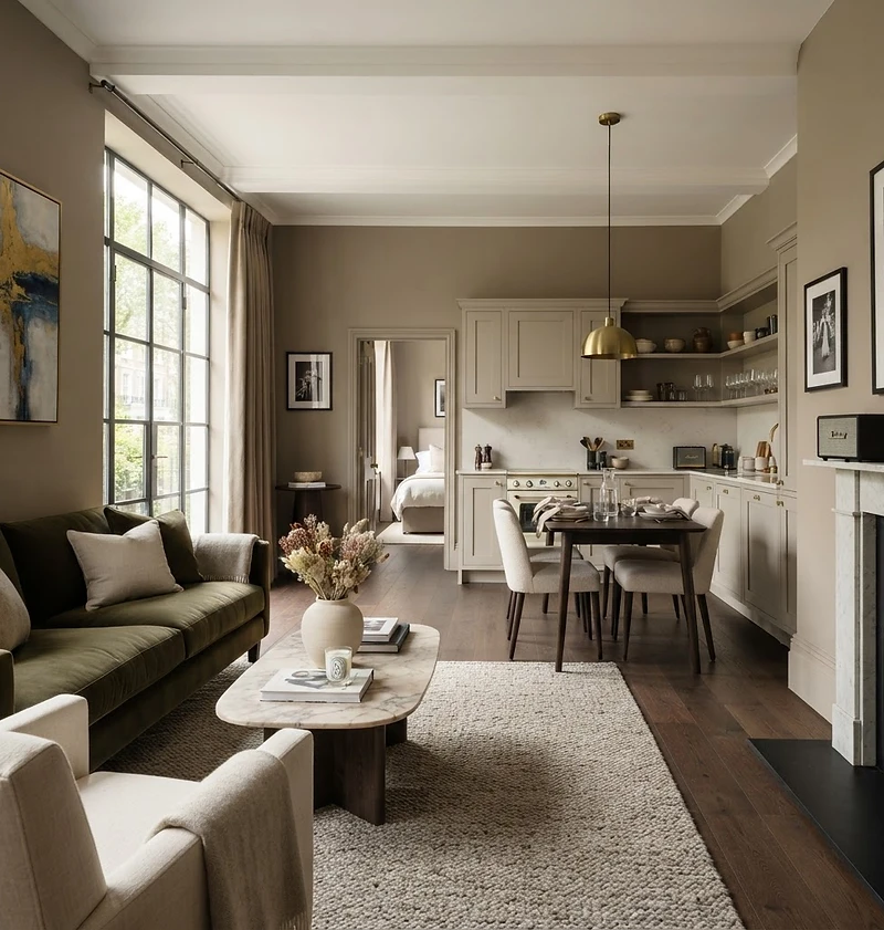 A refined luxury Airbnb-style living space in warm natural daylight